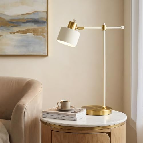 OYEARS 22.2" Modern Desk Lamp, Metal Table Lamp with LED Bulb, Adjustable Reading Lamps for Living Room, Mid Century Nightstand Lamp for Home Office, Industrial Bedside Lamps, Cream and Gold