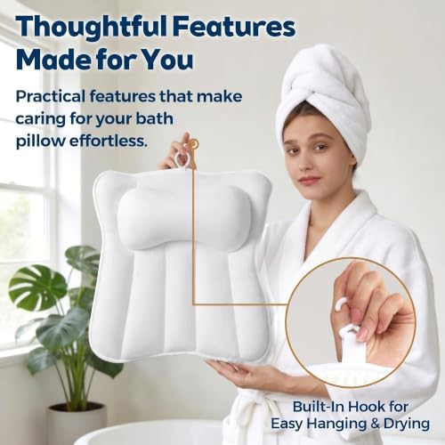 Bath Pillow for Tub,Large Bathtub Pillow with Raised Headrest and Full Back Support,Thick Cushioned Tub Pillow for Soaking Tub,Hot Tub and Spa,White