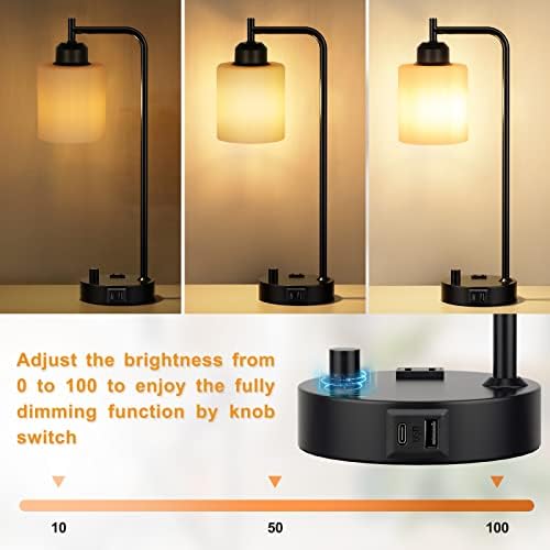 Industrial Bedroom Table Lamps for Bedside - White Opal Glass Shade Desk Lamps with USB C Port, Fully Dimmable Black Lamps with USB Port and Outlet, Reading Nightstand Lamp for Office Living Room