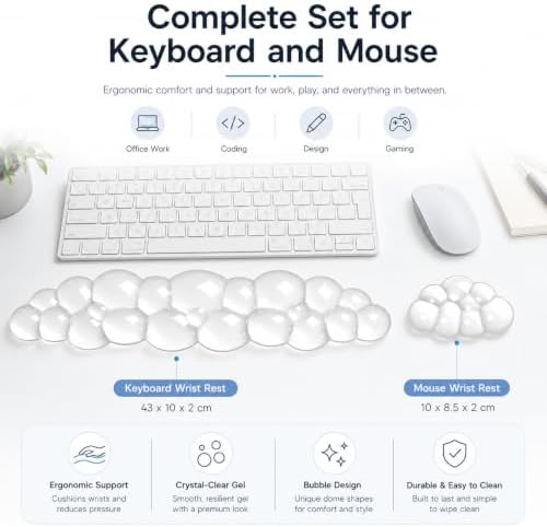 eulps Ergonomic Gel Keyboard Wrist Rest Set, Soft Gel Palm Rest for Keyboard and Mouse, Clear Wrist Support Pad for Typing and Gaming Pain Relief, Non-Slip Base for Computer Laptop (Cloud)