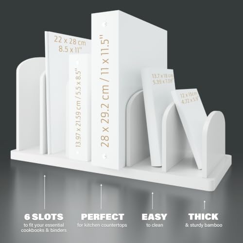 Cook Book Organizer, 6 Sections, Recipe Book Holder Rack, Tabletop Stand for Convenient Cookbook Storage, Vertical Cook Book Stand Kitchen, Binder Holder for Desk & Countertop (White)