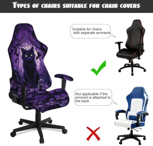 Purple Forest Black Cat Witchy Gaming Chair Cover Stretchable Game Chair Slipcovers with 2 Armrest Covers, Scratch-Proof Gamer Desk Chair Covers for Computer Office Seat