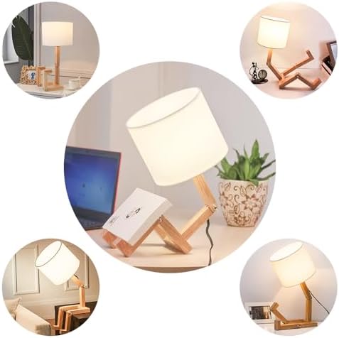 Robot Bedside Lamp, Fabric Lampshade Match Foldable Solid Wood Body, Creative E27 Screw Table Lamp for Bedroom Living Room