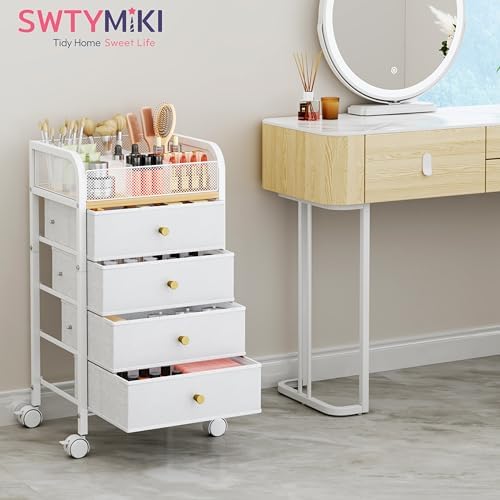 SWTYMIKI Rolling Makeup Organizer Cart - 14.96″*11.81″*27.55″ Widened Under Desk Vanity Storage with 4 Non-woven Drawers, Cosmetic Display Cases for Skin Care Perfume Nail Polish Brush Hair Tool White