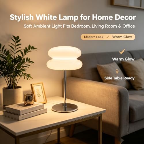 Bedroom Mushroom lamp, Medieval Modern Bedside Table lamp, dimmable Retro Egg Tart Headlight, Unique Home Mushroom Decoration Aesthetic Lovely Living Room Desk lamp (White)