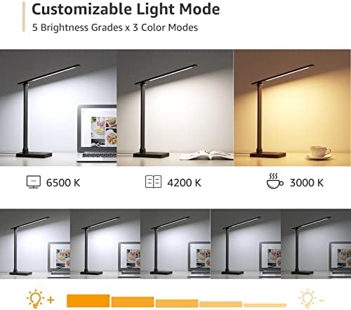 Lepro Desk Lamp with USB Charging Port for Home Office, 650LM 9.5W, Black