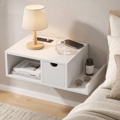 Afuly White Floating Nightstand, Bedside Table with Charging Station&Drawer