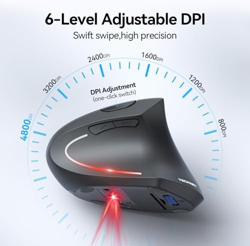 TECKNET Ergonomic Mouse, 4800 DPI Wireless Bluetooth Vertical, 3-Device