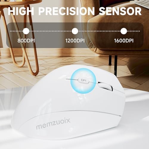 memzuoix Ergonomic Wireless Mouse, 2.4G Optical Cordless, 800/1200/1600 DPI, Vertical Computer Mouse for Laptop, Mac, PC, Desktop (Right Hand, Large) - White