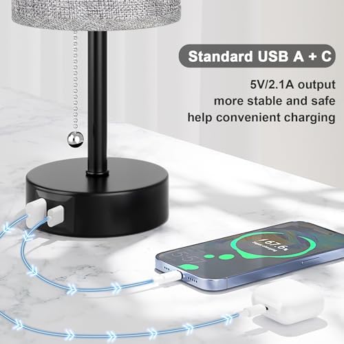 Grey Bedside Lamp for Bedroom Nightstand - Small Table Lamp with USB Ports