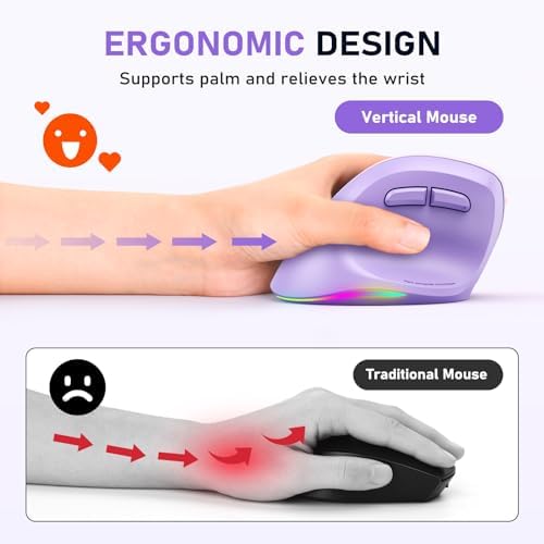 MEETION Left-Handed Wireless Ergonomic Vertical Mouse, Rechargeable -Purple