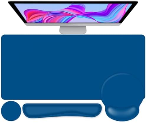 4 PCS Mouse Pad Desk Mat Protector, Keyboard Wrist Rest + Comfortable Mouse Pad with Wrist Rest +Coaster, Large Gaming Mousepad for Computer Laptop, 35.4"X 15.7" Deskpad for Office Home I Dark Blue