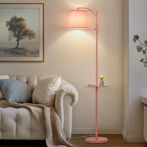 AIDENOEY Pink Floor Lamp with Table, Dimmable Standing Lamp, Living Room