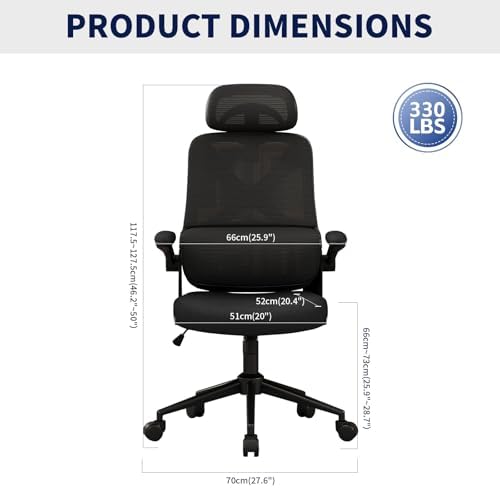 Ergonomic Office Chair - Desk Chair with Adjustable Headrest Lumbar Support Computer Chair - Mesh Comfy Chair with Flip-up Armrests - Gaming Chairs for Adults Home Office (Black+Black)