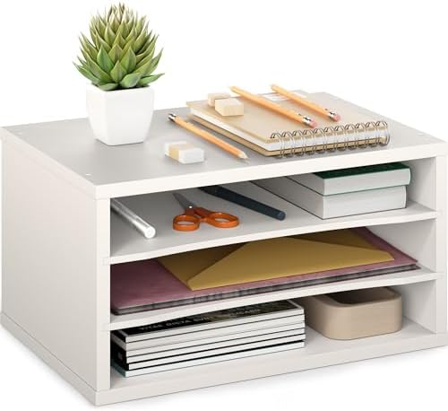 Ballucci Paper Organizer, 3-Tier Stackable Wood Desk Organizer, Document File Organizer and Mail Sorter with Adjustable Storage Shelves, White
