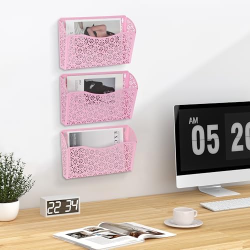 EasyPAG 3 Single Wall Mount File Organizer Vertical Metal Wall Pocket File Holder for Office, Home, School, Pink