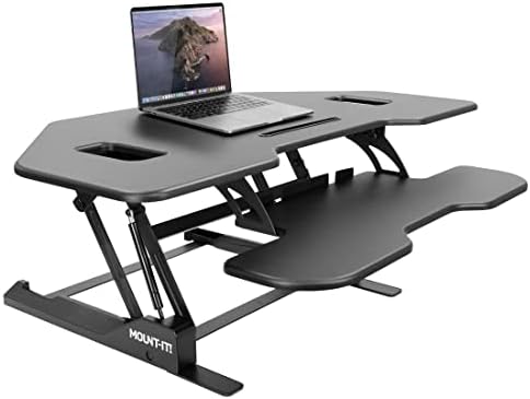 Mount-It! Corner Standing Desk Converter | Height Adjustable 43” Wide Desktop | Corner Stand Up Desk with Gas Spring Handle | Stand Up Computer Workstation with Ergonomic Keyboard Tray | Black