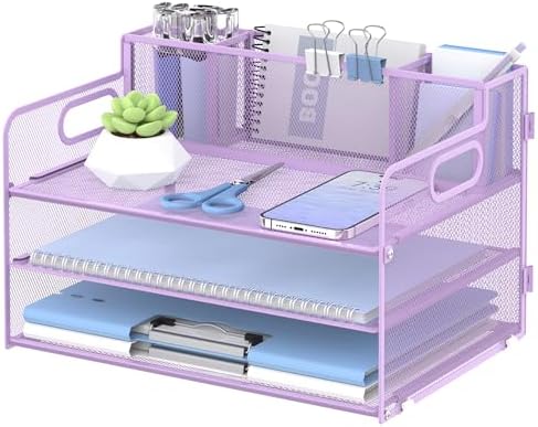 3-Tier Desk Organizer with Pen Holder and Handles, Paper Organizer, Purple