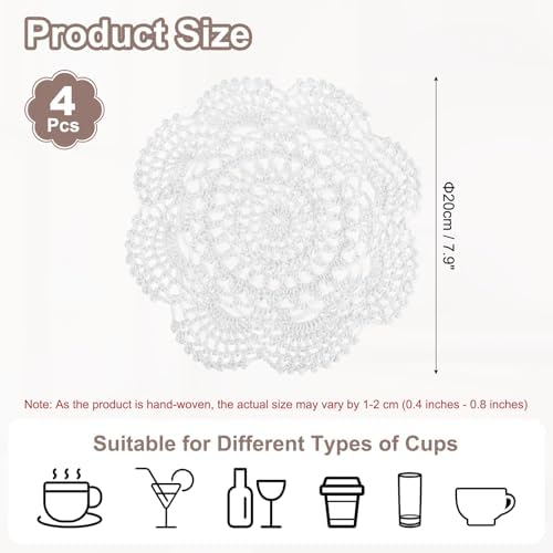 uxcell 4 Pcs Crochet Handmade Cotton Placemat Doilies for Table 7.9" White