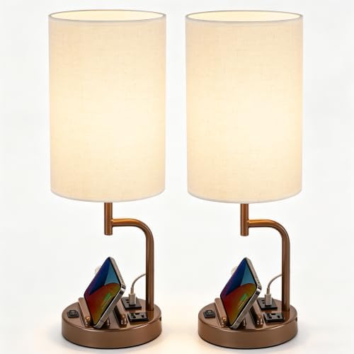 Dreamholder 2 Pack Table Lamp, Bedside Lamp with 3 USB Charging Ports & AC Outlet, USB Desk Lamp with 2 Phone Holders, Linen Fabric Shade Nightstand Lamps for Bedroom Living Room Office, Coffee Brown