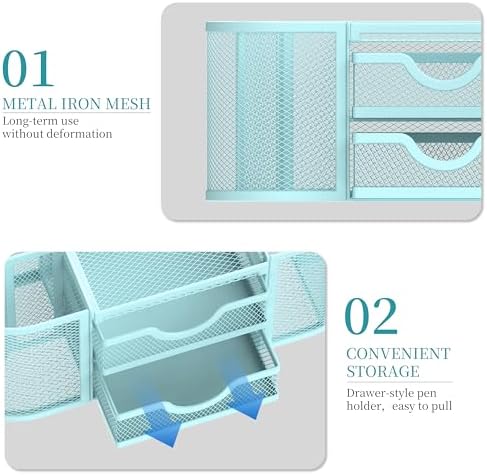 SUPEASY Mesh Desk Organizer, Pen Holder for Desk with 2 Drawers, Blue