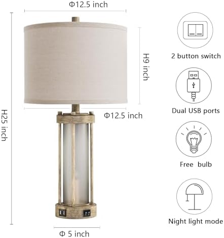 RORIA Farmhouse Table Lamps Set of 2 for Living Room with 2 USB Ports