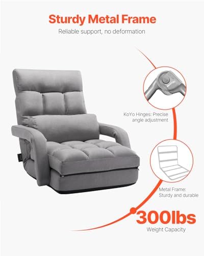 VEVOR Floor Chair, Floor Gaming Chair with 5 Adjustable Position and Back Support, Folding Lounge Chair with Armrest for Adults, Sofa Lounger with Comfy Cushion for Living Room and Bedroom, Gray