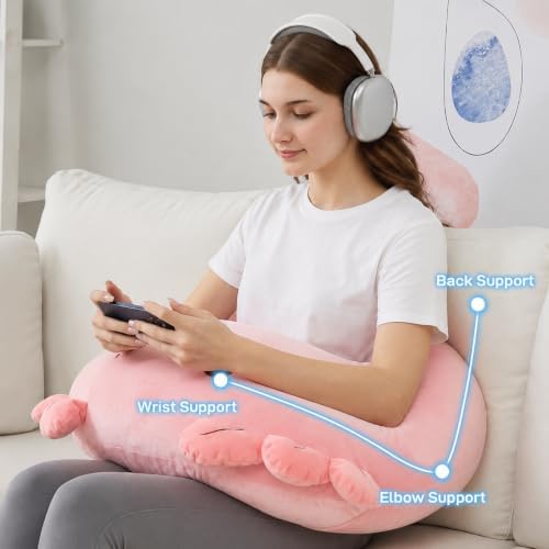 Cute Gaming Pillow for Lap - Plush Reading & Crocheting Pillow for Sitting in Bed, Soft Arm Support Cushion for Tablet/iPad, Kawaii Room Decor Gift Teen Girls & Pink Axolotl Lovers