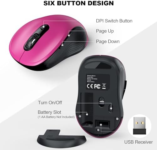 WisFox 2.4G Wireless Mouse for Laptop, Ergonomic Computer Mouse with USB Receiver and Type-C Adapter, 3 Adjustable Levels, 6 Button Cordless Wireless Mice for Windows Mac PC Notebook (Fuchsia)