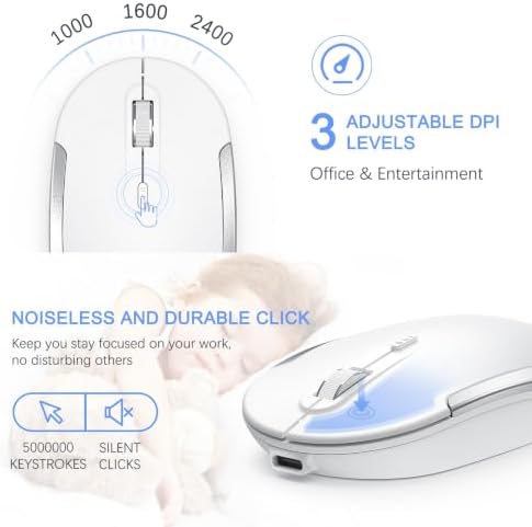 Vssoplor Wireless Keyboard and Mouse, Rechargeable Ultra Slim, White Silver