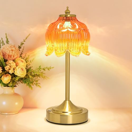 Cordless Table Lamp, Rechargeable Honey Glass Lotus Flower Lamp