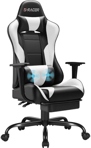 Homall Gaming Chairs, Computer Chair with Footrest and Massage Lumbar Support, Height Adjustable Game Chair with Headrest and Swivel Seat (White)