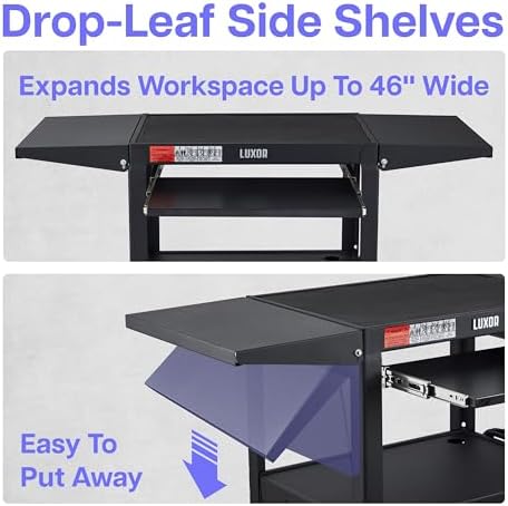 Leader Adjustable Height Rolling AV Cart, Mobile Workstation with Drop Leaf Shelves, Pullout Keyboard Tray, Locking Steel Cabinet, Power Strip for Classroom and Office Use (Black, 24-42 Inch)