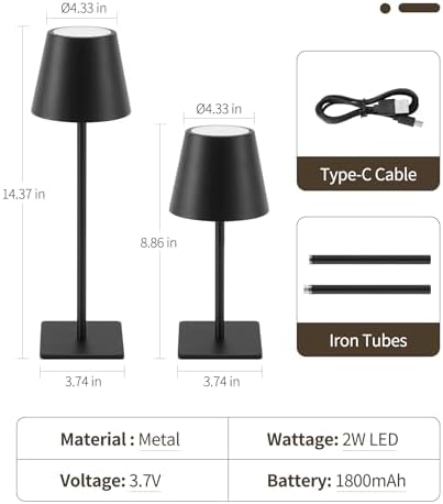 UME 3 Pack Cordless Table Lamp, Battery Operated Lamp - Portable Waterproof Rechargeable Table Lamp w/ 3 Color Temps & Stepless Dimming for Dinner, Desk, Cafe, Outdoor (Black)