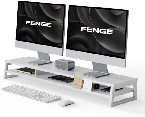 Fenge Dual Monitor Riser for Desk, Open Shelf with 3 Storage Compartments