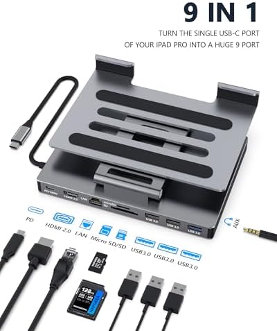 NXPGKEA iPad USB C Hub Stand, 9 in 1 Multiport Adapter for iPad Pro