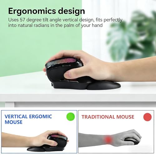 Ergonomic mouse, Wireless Vertical mouse, RGB Light ,Human Engineering, Gaming, 6 buttons, 2.4G ,800/1200/1600/3200 DPI, rechargeable, Mute, Detachable hand pads, Mac/Windows/IOS/ PC Compatible