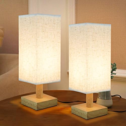 SEENSINY Small Bedside Table Lamps Set of 2, Minimalist Nightstand Lamp Set of 2 with Square Fabric Linen Shade, Mini Reading Night Stand Desk Lamp Set for Bedroom, Living Room, Office 4.3in