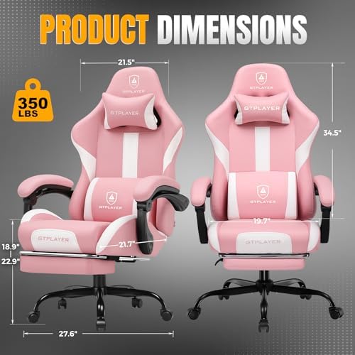 GTPLAYER Gaming Chair with Pocket Spring Cushion, Leather Office Chair with Ergonomic High Back & Lumbar Support for Back Pain Relief, Computer Game Chair for Adults, Pink