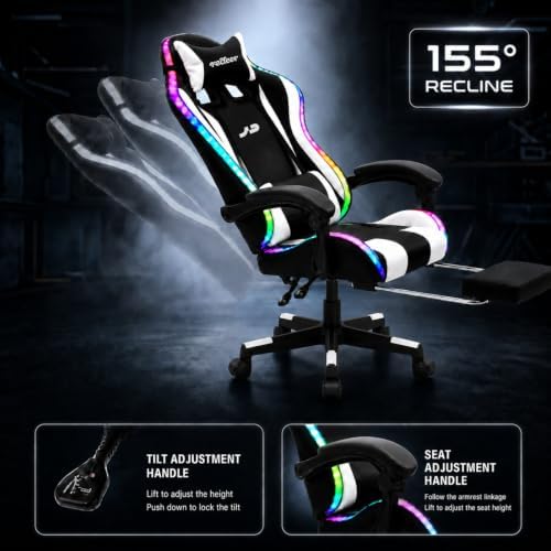 Redeer Led RGB Gaming Chair with Speakers Massage & Footrest, Reclining Gamer Chair for Adults, Video Game Chairs with Canopy, Heavy Duty Gaming Chair Massage, 350LBS White