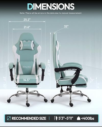 Dowinx Ergonomic Gaming Chair with Footrest & Massage Lumbar, 2D-Linkage Armrests for Computer Chair 330lbs with Headrest Pillow for Office, Home, Streaming and Long Gaming Sessions, Fabric Blue White