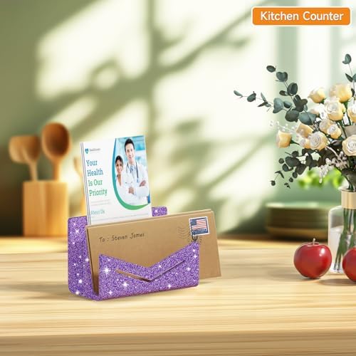 Beego Envelope and Mail Organizer Countertop - 2 Compartments Glitter Purple Acrylic Desk Organizer Letter Holder Desktop File Sorter Bill Document Folder Rack for Office, Home, School