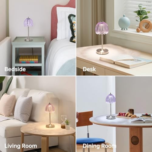 Shenmoyl Tulip Table Lamp with 5200mAh Battery & Touch Control, Cordless Small Table Lamp with 3 Colors, Dimmable Rechargeable Table Lamps for Living Room, Bedroom, Desk, Bedside (Clear Purple Tulip)