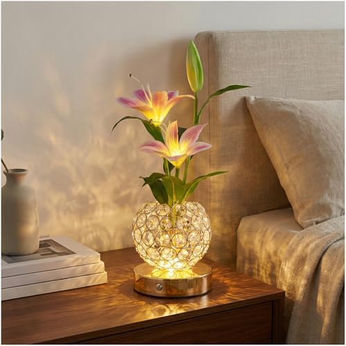 Stargazer Lily Flowers Crystal Table Lamp, Rechargeable Touch Night Lamp