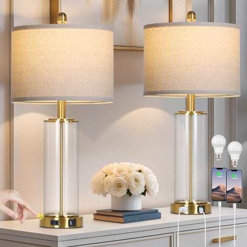26" Gold Glass Table Lamps Set of 2, 3-Way Dimmable Touch Control Living Room Lamp with USB C+A Ports & AC Outlet, Modern Bedside Lamps, Elegant Bedroom Lamps for Nightstand Side End Table Desk