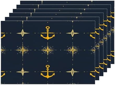 Shrahala Maritime Sea Sailing Symbols Placemats, Navy Blue Nautical Seamless Pattern Table Mat Linen Burlap Washable Double-Deck Heat Insulation for Dining/Kitchen Table Set of 6 (12 X 18 Inch)
