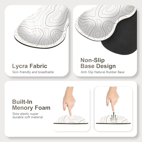 Gaming Mouse Pad Keyboard Wrist Support, 4 in1 Mousepad with Wrist Keyboard Rest, Computer Desk Mat, Non-Slip Desk Pad Protector with Memory Foam Easy Typing Pain Relief I White Topographic