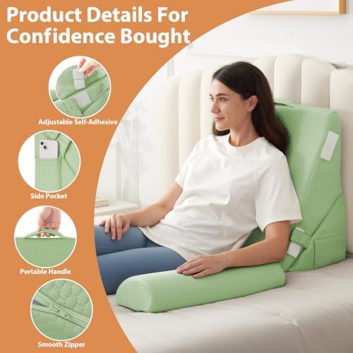 BIEEZZK Wedge Pillow Set for After Surgery, Wedge Pillow for Acid Reflux, Bed Wedge Pillow with Adjustable 9&12inch for Headboard,Sleeping, Orthopedic Memory Foam for Neck&Back Support, Green