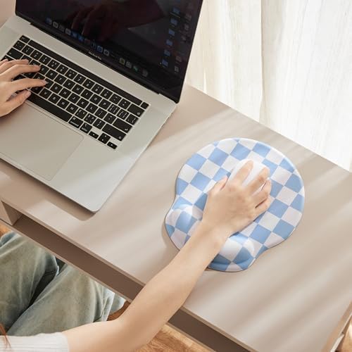 Ohocut Blue Checkered Mouse Pad with Gel Wrist Rest, Wrist Support, Ergonomic Desk Accessories for Women, Office Laptop Gaming Decor, Cute Aesthetic Trendy Check Design