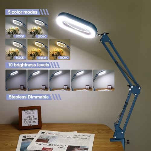 Drdefi 12X Square Magnifying Glass with Light and Stand, Real Glass LED Lighted Magnifier, 5 Color Modes Stepless Dimmable, Hands-Free Mag Desk Lamp with Clamp for Reading Craft Hobby Close Work Blue